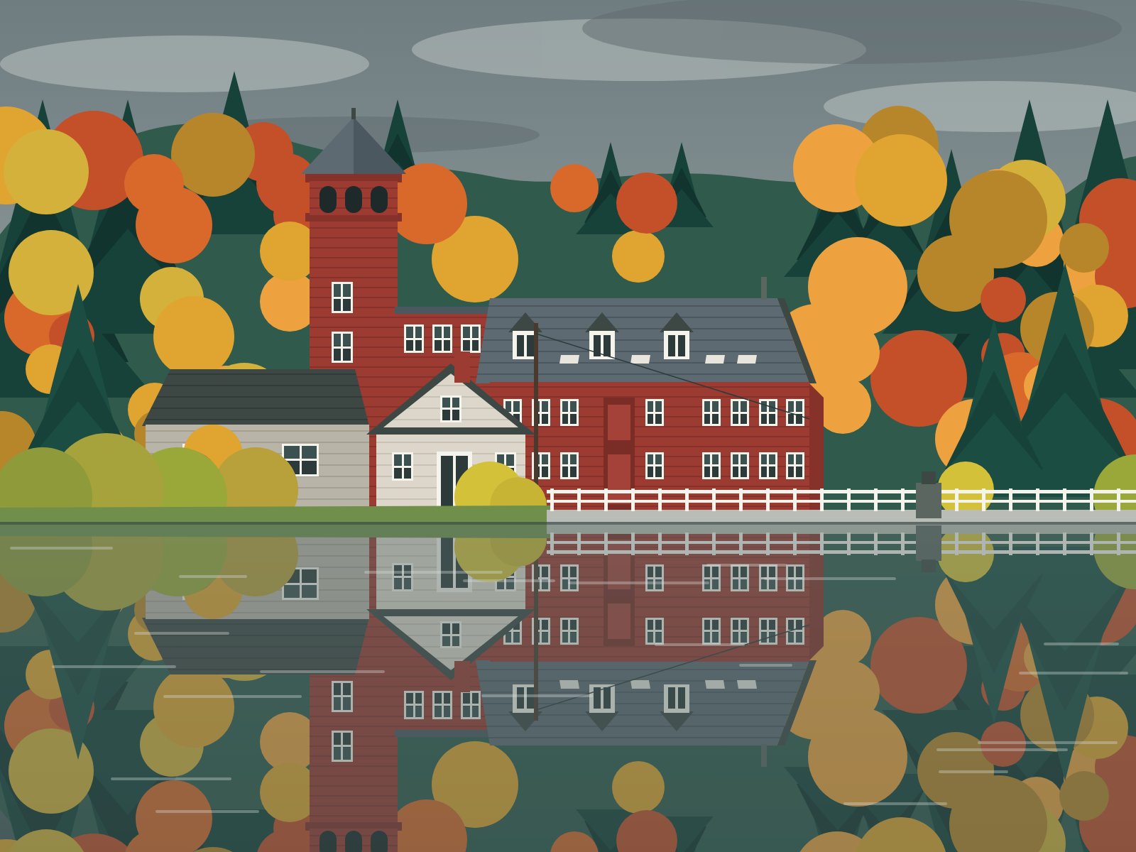 The Yarmouth mill on the Royal River with fall trees